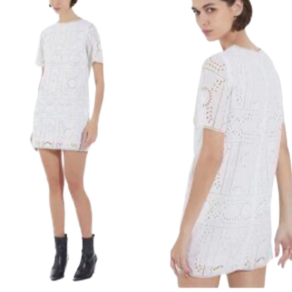The Kooples Paris White Eyelet Shift Dress Short sleeve Lined NWT Sz S (1)